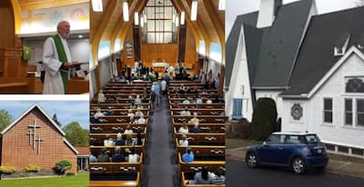 Three churches combined into one. Top left shows interior of St. Andrew Church in Bristol with its pastor before the merge. Bottom left shows the front of Grace Lutheran Church in Plainville. Right side show the front of Zion Lutheran in Bristol. Middle part shows what the interior of the combined church, Faith Lutheran, looks like now. Multiple people in pews on each side of the main aisle. Some are moving toward the altar for communion.
