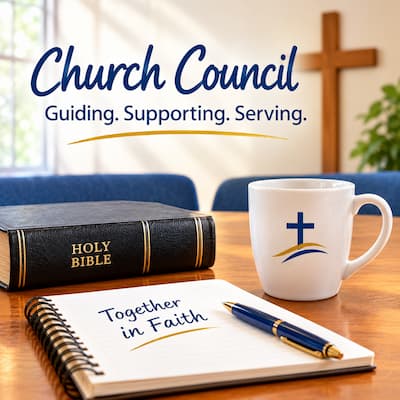 Text on top reads: Church Council. Guiding. Supporting. Serving. on a background of a table that holds a holy bible, a coffee cup with a cross, a blue pen on a notebook with the words "together in faith". There is a large cross on the wall next to a large leafed plant. There are the tops of two blue chairs behind the table.
