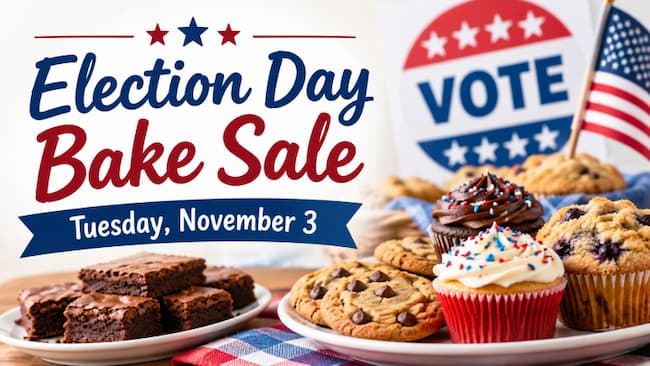 Election Day Bake Sale banner featuring cookies, brownies, muffins, cupcakes, and patriotic red, white, and blue decorations.