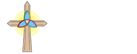 Graphic of a wooden cross with a central Trinity knot and a yellow halo.