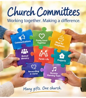 Church Committees: Working Together. Making a difference is the text on the top. Then a series of multi-colored connected puzzle pieces naming the committees held by various hands. Text on the bottom reads many gifts, one church. 