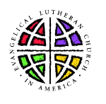 Evangelical Lutheran Church in America (ELCA) logo featuring a black cross dividing a circle into four sections with red, purple, green, and yellow shapes, surrounded by the words “Evangelical Lutheran Church in America